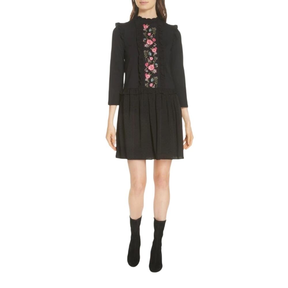 Kate Spade Embroidered Mixed Media Dress, Black Size XS NWT